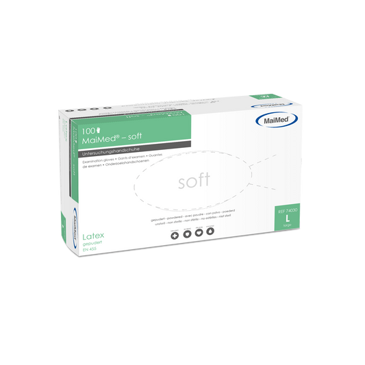 MaiMed-mjuka latexundersökningshandskar, osterila, pulveriserade, 100 st/kartong