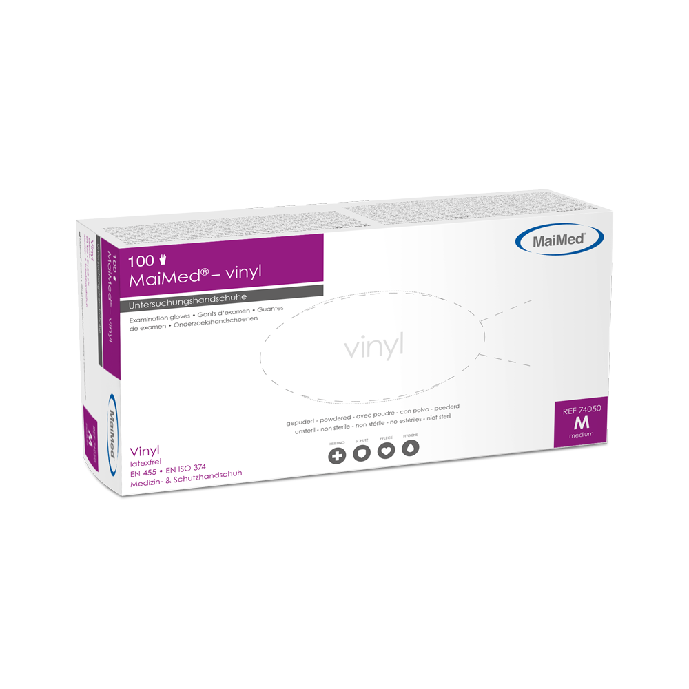 MaiMed-vinyl undersökningshandskar, icke-sterila, pulveriserade, 100 st/kartong