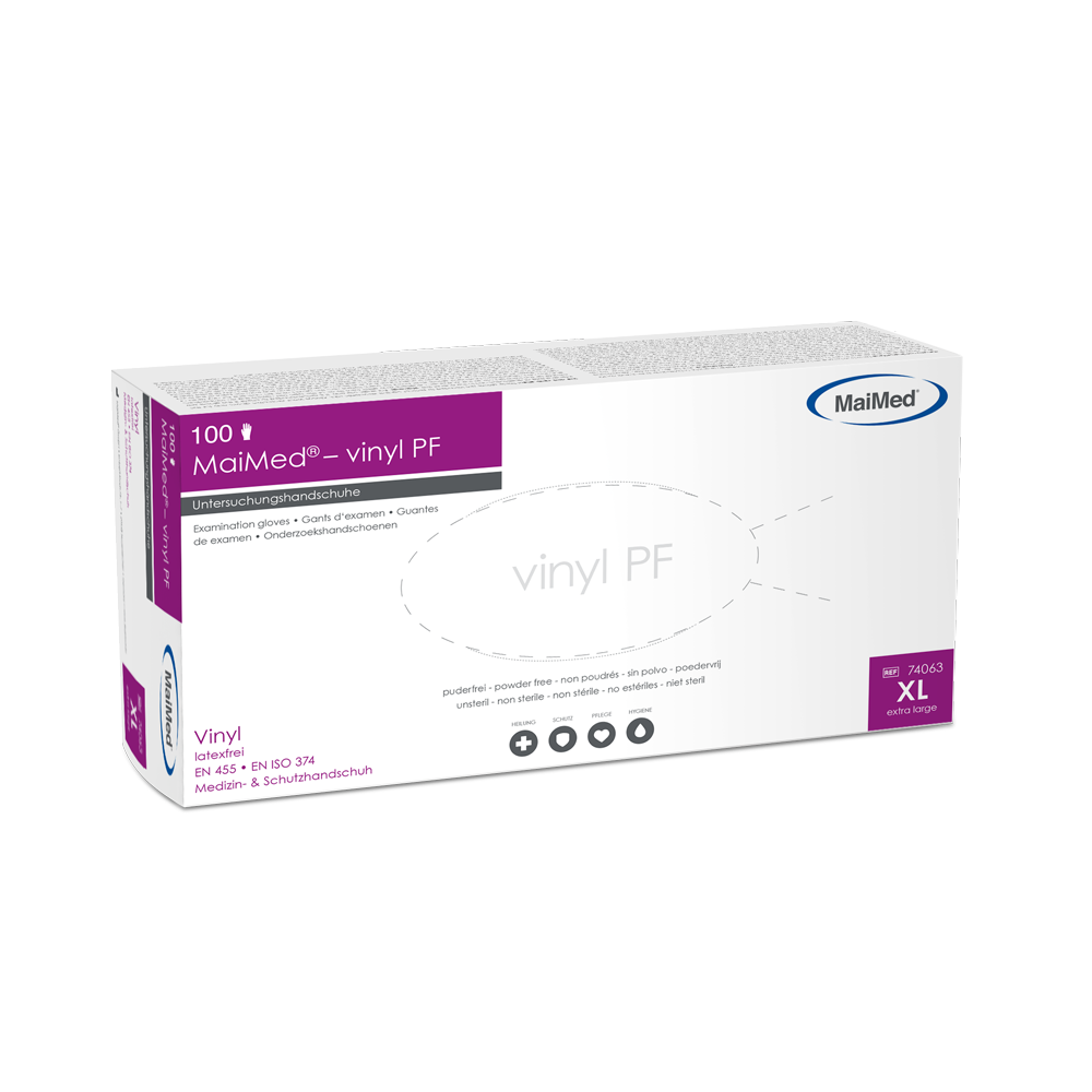 MaiMed-vinyl PF, icke-sterila, puderfria vinylundersökningshandskar, 100 st/kartong
