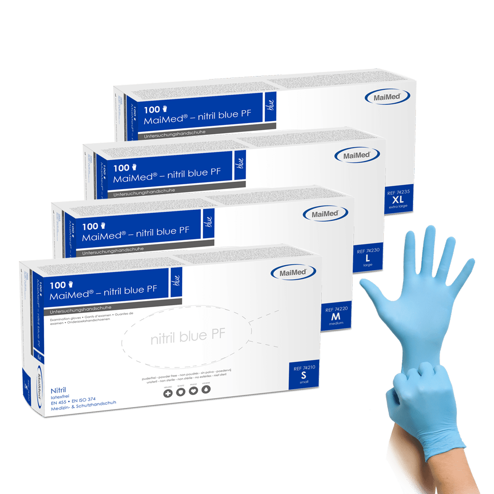 MaiMed-nitril blå PF Blå, icke-steril, pulver. Latexfria handskar 100 st/kartong