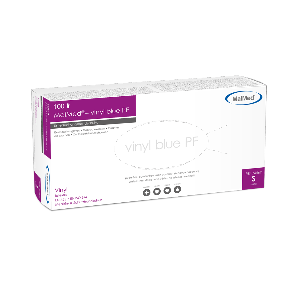 MaiMed-vinylblå PF, icke-sterila, puderfria vinylundersökningshandskar 100 st/kartong
