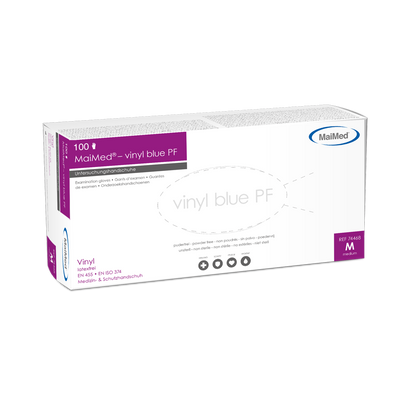 MaiMed-vinylblå PF, icke-sterila, puderfria vinylundersökningshandskar 100 st/kartong