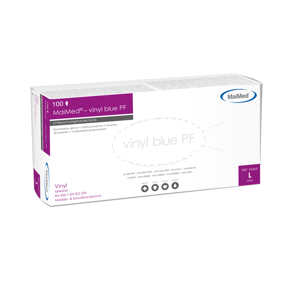 MaiMed-vinylblå PF, icke-sterila, puderfria vinylundersökningshandskar 100 st/kartong