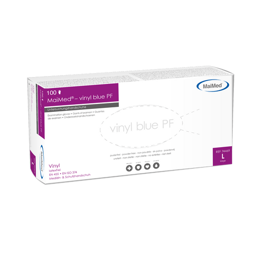 MaiMed-vinylblå PF, icke-sterila, puderfria vinylundersökningshandskar 100 st/kartong