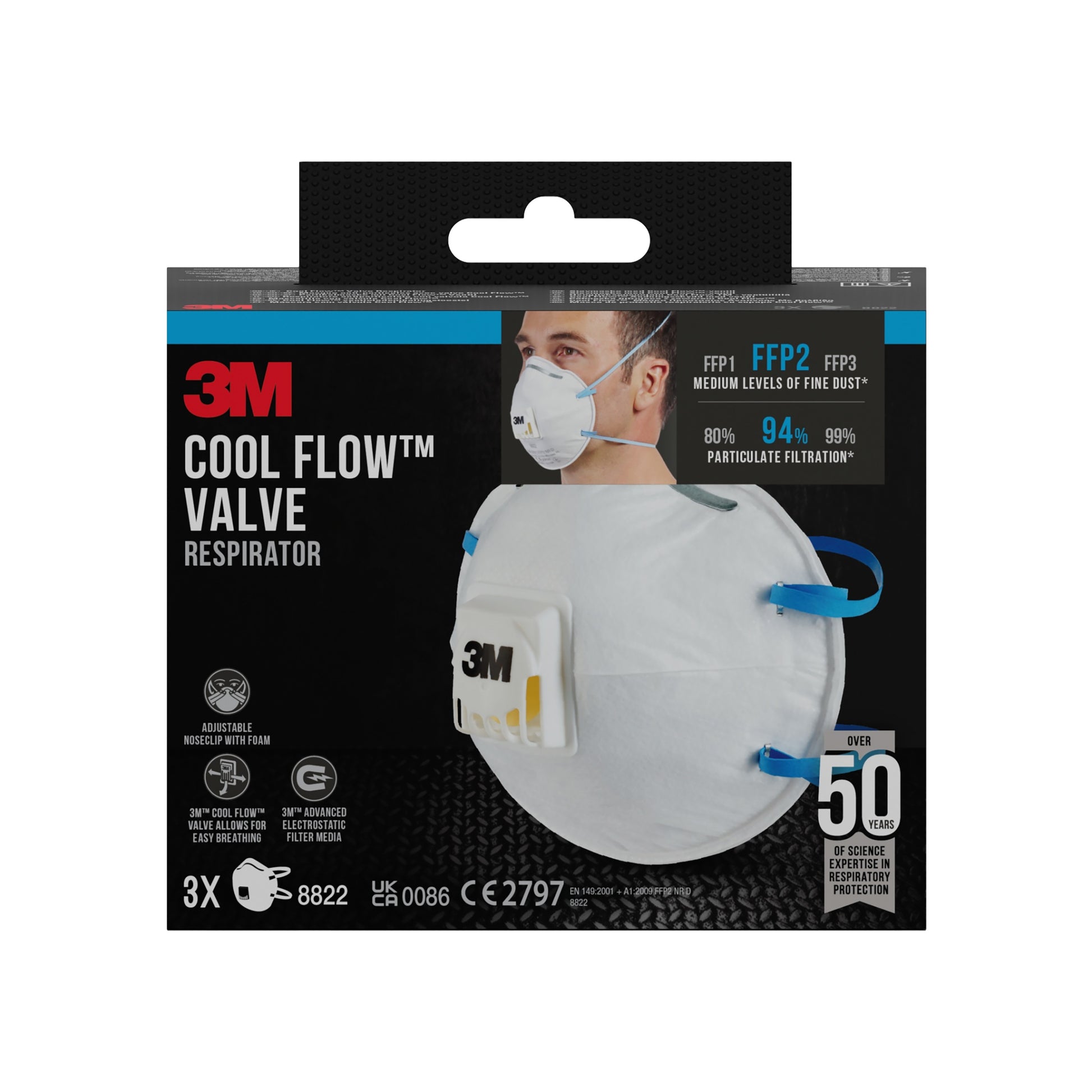 Eine Schachtel der 3M™ Cool Flow™ Partikelmaske 8822, FFP2, mit Ventil von 3M Deutschland GmbH, die eine Person zeigt, die die Maske trägt. Die Verpackung hebt den FFP2-Schutz, das Cool Flow-Ventil, 3 Masken pro Schachtel und über 50 Jahre Erfahrung hervor.
