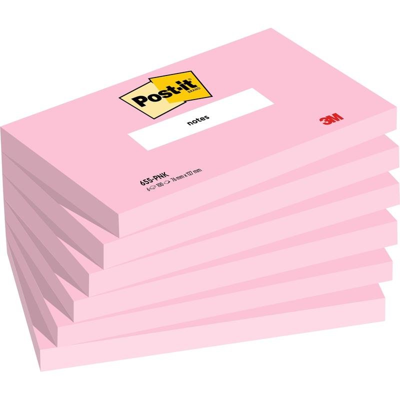 En stapel med sex rosa Post-it® Anteckningslappar (76 x 127 mm, 100 blad/block, 100% PEFC) från 3M Deutschland GmbH, där varje block har "Post-it"-logotypen upptill och texten "3M" längst ned till höger.