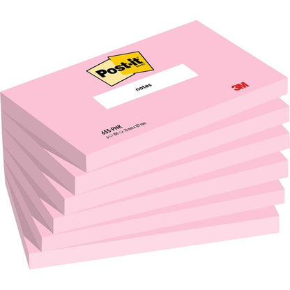 En stapel med sex rosa Post-it® Anteckningslappar (76 x 127 mm, 100 blad/block, 100% PEFC) från 3M Deutschland GmbH, där varje block har "Post-it"-logotypen upptill och texten "3M" längst ned till höger.