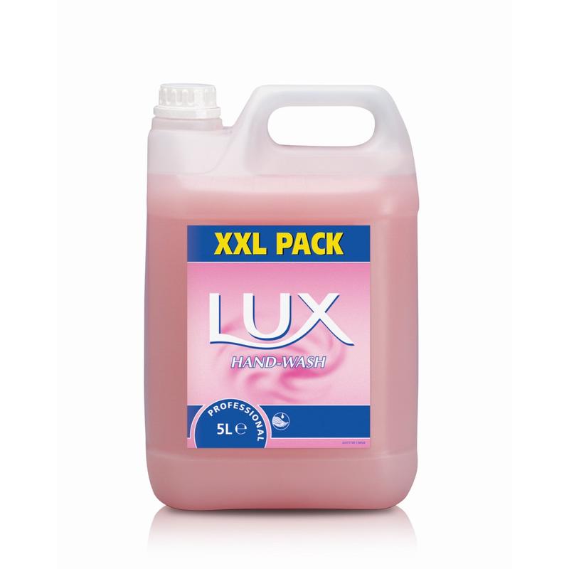 En 5-liters plastbehållare med rosa LUX Pro Formula handtvål från Diversey Deutschland GmbH & Co. OHG, med handtag och skruvlock upptill till vänster, på vit bakgrund.