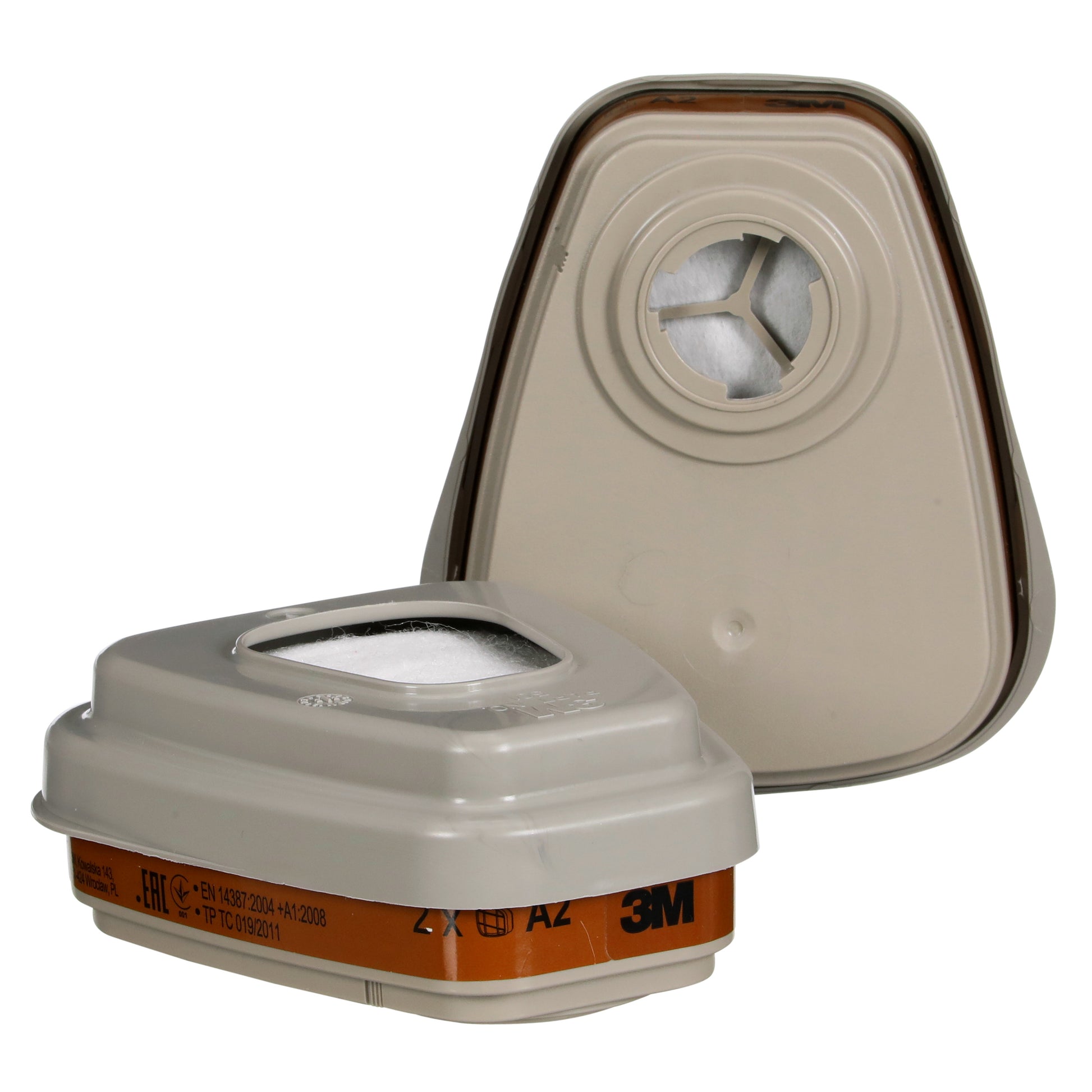 Zwei beigefarbene 3M™ Filtersatz 6002-1SP, A2P2 organische Dämpfe (enthält 2x6055, 2x5925, 2x501) von 3M Deutschland GmbH - eine aufrecht, eine flach - bieten Schutz vor organischen Dämpfen mit kompatiblen Atemschutzmasken.