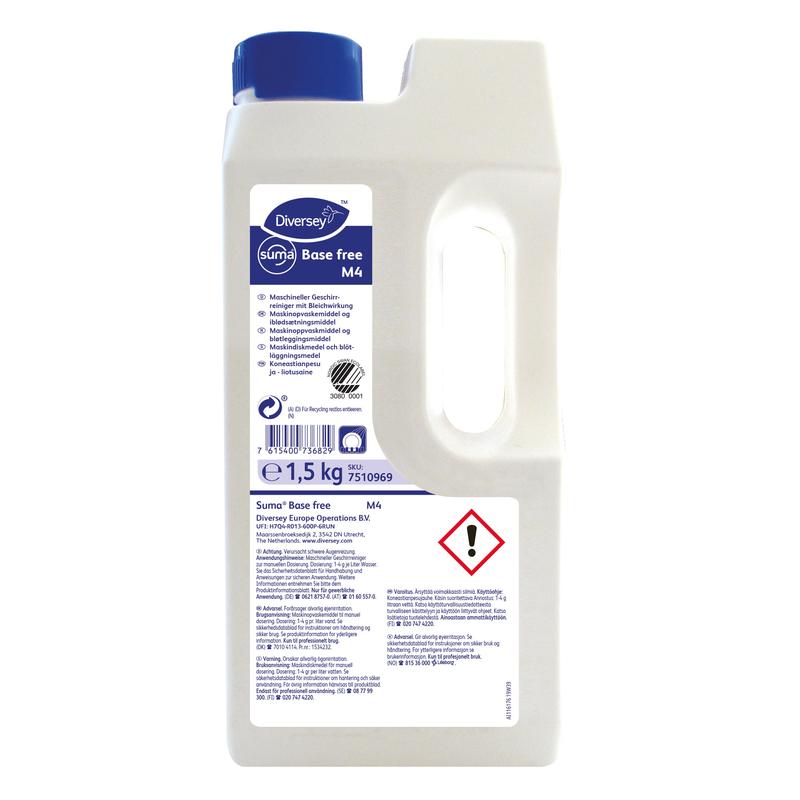En 1,5 kg plastflaska Suma Base free M4 Diskmedel med blekningseffekt genom aktivt syre från Diversey, med blå kork, handtag, varningssymbol och en framsidesetikett med produkt- och säkerhetsinformation.