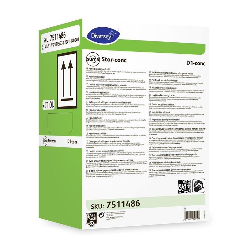 En grön-vit rektangulär burk med texten "Suma Star-conc D1 conc, högkoncentrerat handdiskmedel" (10 l) från Diversey Deutschland GmbH & Co. OHG med svart text, symboler och streckkoder för en effektiv rengöring.