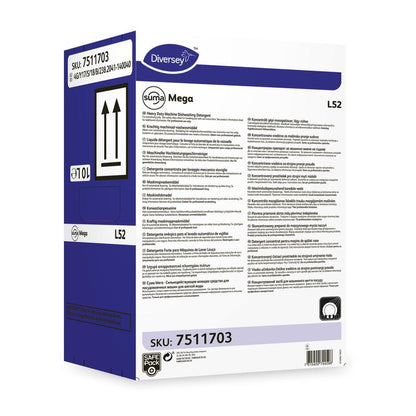 Der Diversey Deutschland Suma Mega L52 Geschirrreiniger für Weichwasser wird in einer rechteckigen Schachtel mit Produktinformationen, Gebrauchsanweisungen und Sicherheitssymbolen auf der Vorder- und Seitenwand geliefert.