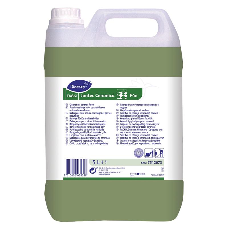 En 5-liters dunk med TASKI Jontec Ceramica från Diversey, en ränderfri rengöringsmedel för keramiska golv och högblanka kakel, med en vit etikett med blå/grön text och symboler samt ett handtag på toppen.