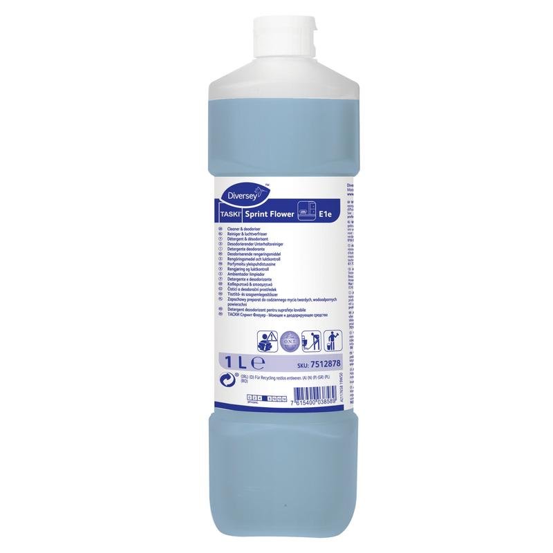 En 1-litersflaska TASKI Sprint Flower Deodoriserande Underhållsrengöringsmedel från Diversey Deutschland GmbH & Co. OHG innehåller en blå vätska, en vit kork och en etikett med produktinformation, instruktioner och säkerhetssymboler.