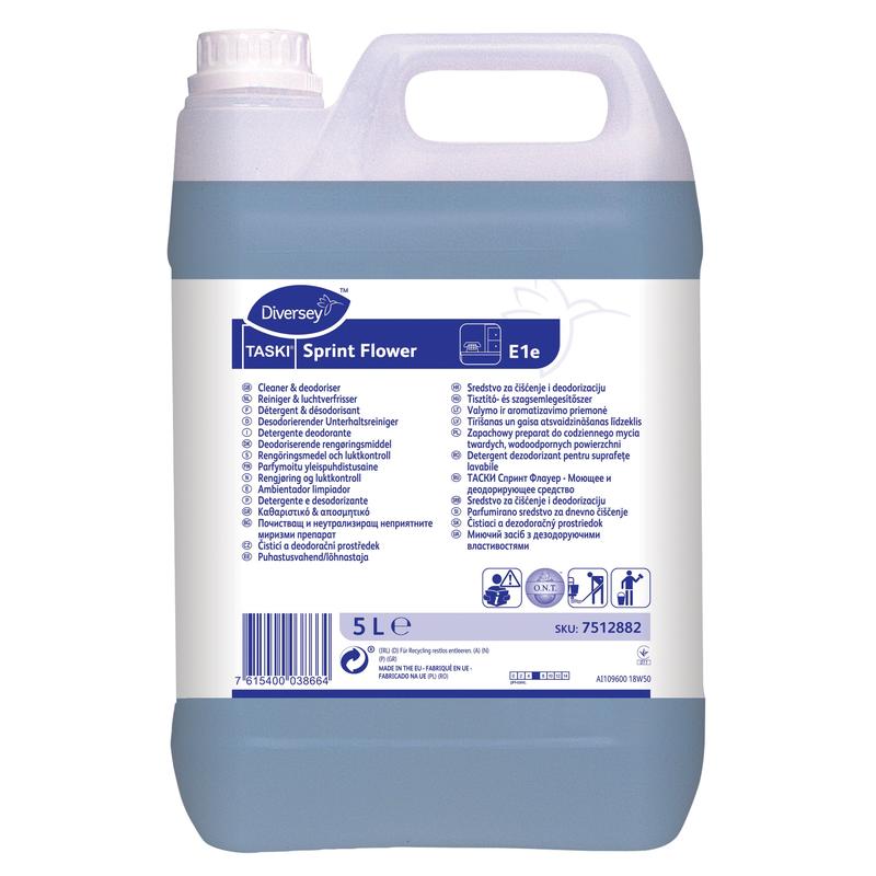 En 5-liters plastbehållare TASKI Sprint Flower Deodoriserande Underhållsrengöringsmedel från Diversey Deutschland GmbH & Co. OHG, med vit flerspråkig etikett och fylld med fräsch blå rengöringsvätska.