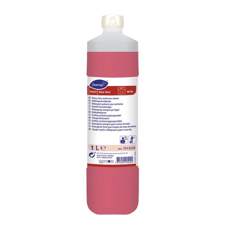 Den 1 l TASKI Sani Ami sanitetsrengöringsmedel från Diversey Deutschland GmbH & Co. OHG använder alkaliska och komplexbildande aktiva ingredienser för att ta bort envis smuts; inklusive vit kork och flerspråkig etikett för enkel användning.