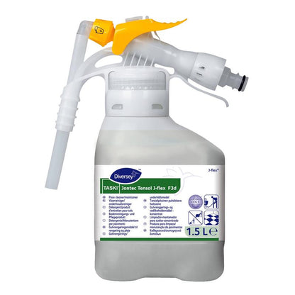 En 1,5-liters behållare av vit plast med TASKI Jontec Tensol högkoncentrerad rengöringsmedel från Diversey Deutschland GmbH & Co. OHG, med ett gult spraymunstycke och en etikett med produktdetaljer och bruksanvisningar.