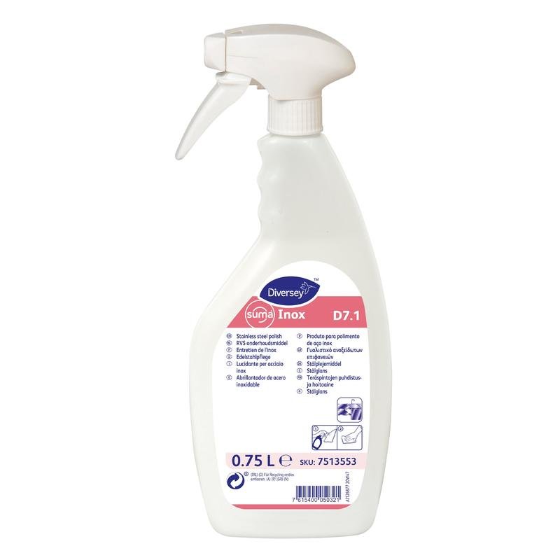 En vit 750 ml sprayflaska Diversey Suma Inox D7.1 rostfritt stålvårdsemulsion från Diversey Deutschland GmbH & Co. OHG, med vit spraymunstycke och en rosa-blå etikett med flerspråkig rengöringsinstruktion för rostfritt stål.