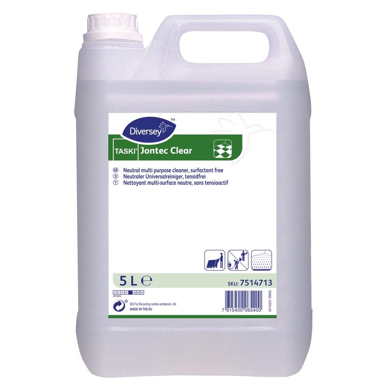 En 5-liters plastbehållare med TASKI Jontec Clear rengöringsmedel för hårda golv från Diversey Deutschland GmbH & Co. OHG, pH-neutral. Den genomskinliga behållaren har en vit kork, ett vitt bärhandtag och en blå-grön-vit etikett.