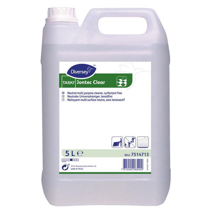 En 5-liters plastbehållare med TASKI Jontec Clear rengöringsmedel för hårda golv från Diversey Deutschland GmbH & Co. OHG, pH-neutral. Den genomskinliga behållaren har en vit kork, ett vitt bärhandtag och en blå-grön-vit etikett.