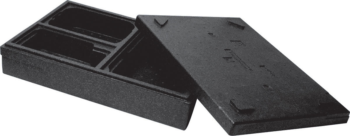 Duni GmbH Thermobox 3 Schwarz EPP är en rektangulär, svart isoleringsbehållare med avtagbart lock, som är delvis öppet för att exponera facken - perfekt för att hålla mat och dryck varm under transporten.