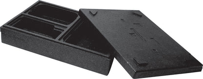 Duni GmbH Thermobox 3 Schwarz EPP är en rektangulär, svart isoleringsbehållare med avtagbart lock, som är delvis öppet för att exponera facken - perfekt för att hålla mat och dryck varm under transporten.