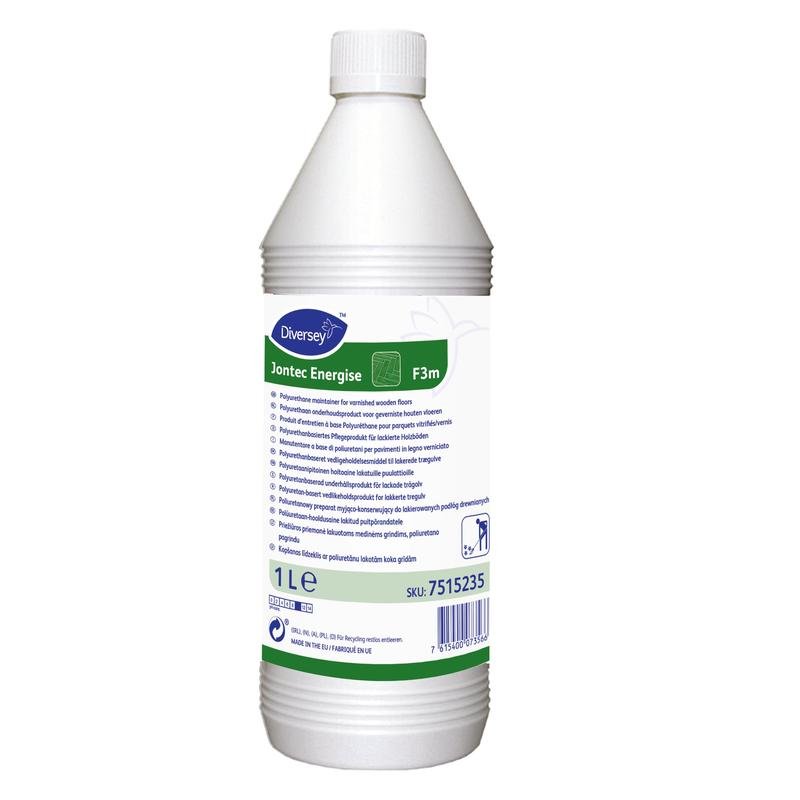 En 10-liters plastdunk med texten "TASKI Jontec Energise" från Diversey Deutschland GmbH & Co. OHG, innehåller en polyuretan-dispersion för lackerade trägolv och har produktinformation för en glänsande skyddsfilm.