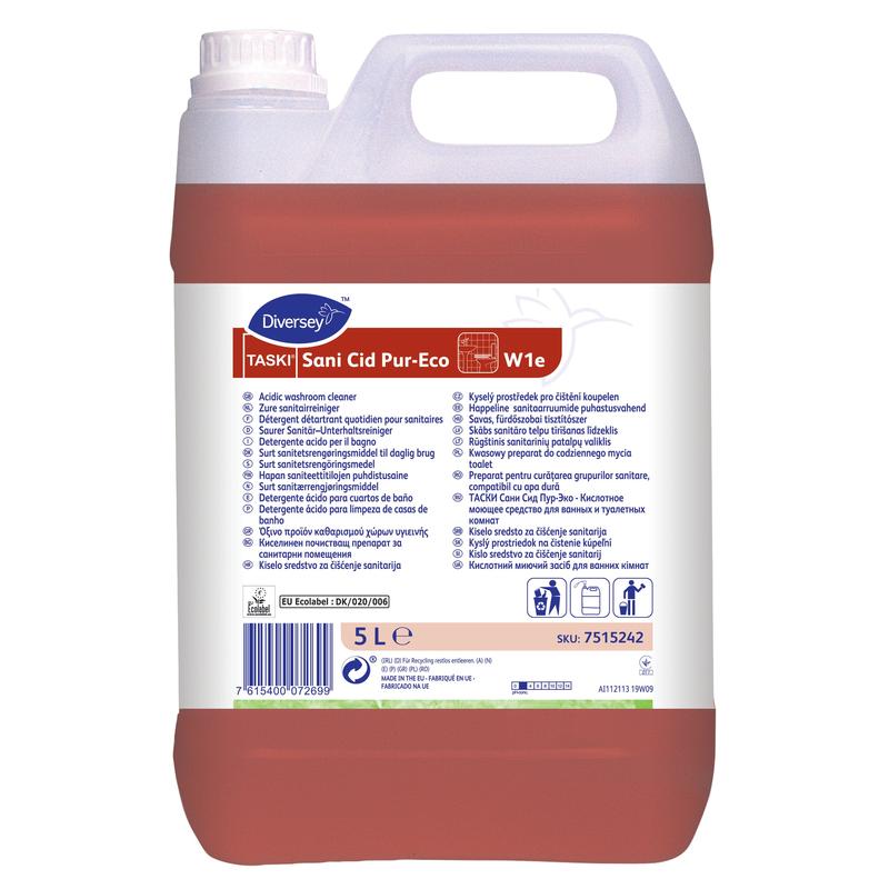 En 5L-behållare TASKI Sani Cid Pur-Eco sanitetsunderhållsrengöringsmedel från Diversey Deutschland, med naturlig citronsyra, vit handtag/lock, flerspråkig etikett, röd vätska och EU-miljöcertifiering.