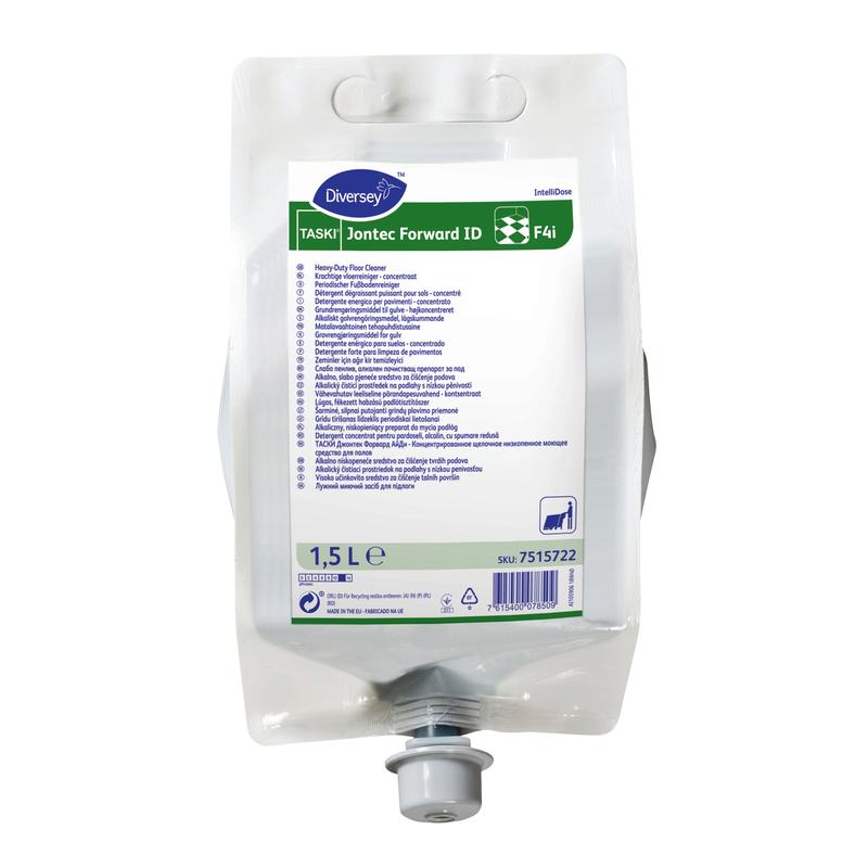 En 1,5-liters plastpåse TASKI Jontec Forward golvrengöringsmedel högkoncentrat från Diversey Deutschland GmbH & Co. OHG med pip i botten och vit etikett med produktdetaljer och bruksanvisningar för mer bekvämlighet.