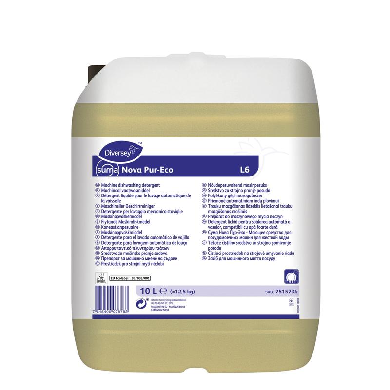 En 10-liters plastbehållare med Suma Nova Pur-Eco L6 diskmedel, flytande från Diversey Deutschland GmbH & Co. OHG, med vitt lock och flerspråkig etikett för användning i kommersiella diskmaskiner.