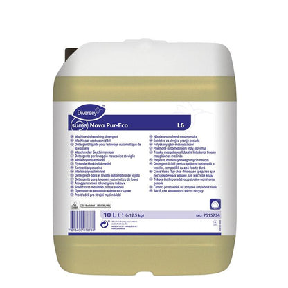 En 10-liters plastbehållare med Suma Nova Pur-Eco L6 diskmedel, flytande från Diversey Deutschland GmbH & Co. OHG, med vitt lock och flerspråkig etikett för användning i kommersiella diskmaskiner.