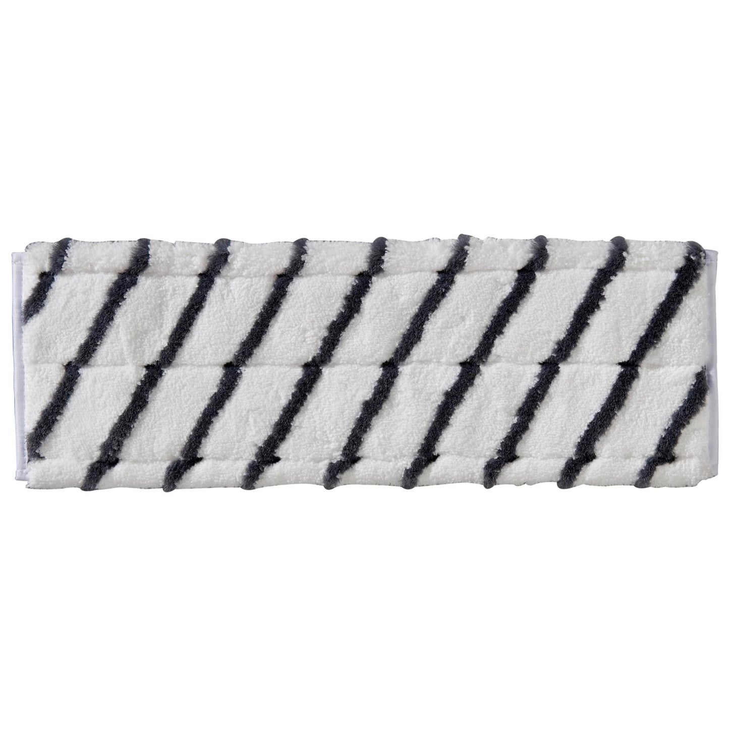 TASKI MicroEasy Scouring Mop från Diversey Deutschland GmbH & Co. OHG är en rektangulär vit dyna med diagonala svarta ränder, idealisk för rengöring av kakel och borttagning av hårt sittande smuts. Kartong med 5 förpackningar.