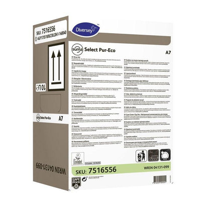 En kartong med Suma Select Pur-Eco A7 Klarspüler från Diversey Deutschland GmbH & Co. OHG har produktinformation, instruktioner, streckkod, återvinningssymbol och en 10-liters volymindikator på förpackningen för effektiv rengöring.