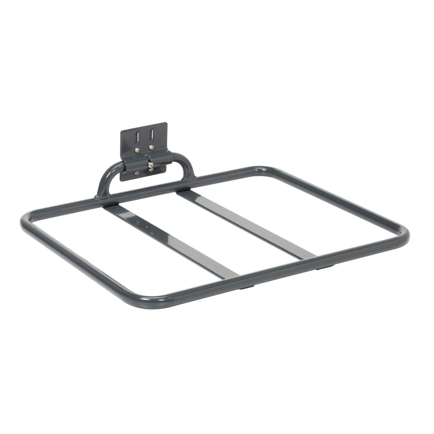 Den fällbara TASKI-säckhållaren från Diversey Deutschland GmbH & Co. OHG är en grå, slät metallhylla med en rektangulär ram, två mittstänger och ett fäste för montering på framsidan eller baksidan av vagnen. Hopfällbar för enkel förvaring. Förpackning: 1 styck.