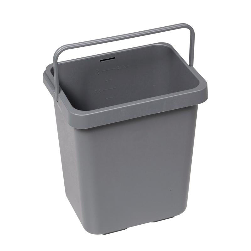 Den grå plast TASKI-hinken 12 liter från Diversey Deutschland GmbH & Co. OHG, med handtag och invändig mätskala, visas tom på vit bakgrund. Kompatibel med dukboxhållare 7517270 eller 7517371. Förpackning: 1 styck.