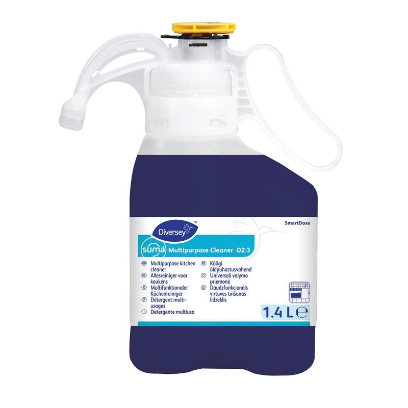 Diversey Suma Allrengöringsmedel D2.3 SD, 1.4L, med SmartDose-system för effektiv rengöring av ytor, golv, glas och disk; vit/blå etikett, vitt handtag, gul lock. Märke: Diversey Deutschland GmbH & Co. OHG.