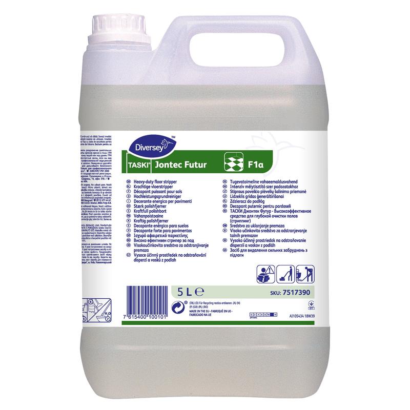 En 5-litersdunk TASKI Jontec Futur universalrengöringsmedel för alla alkalibeständiga beläggningar från Diversey Deutschland GmbH & Co. OHG, med handtag och frontetikett med bruksanvisning och säkerhetssymboler.