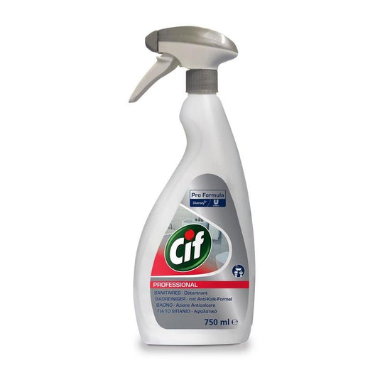 En 750 ml vit sprayflaska med Cif Professional badrumsrengöring från Diversey Deutschland GmbH & Co. OHG, med grå munstycke och etikett, med 2-i-1-funktion för rengöring och avkalkning för effektiv borttagning av kalkavlagringar och rengöring av badrummet.