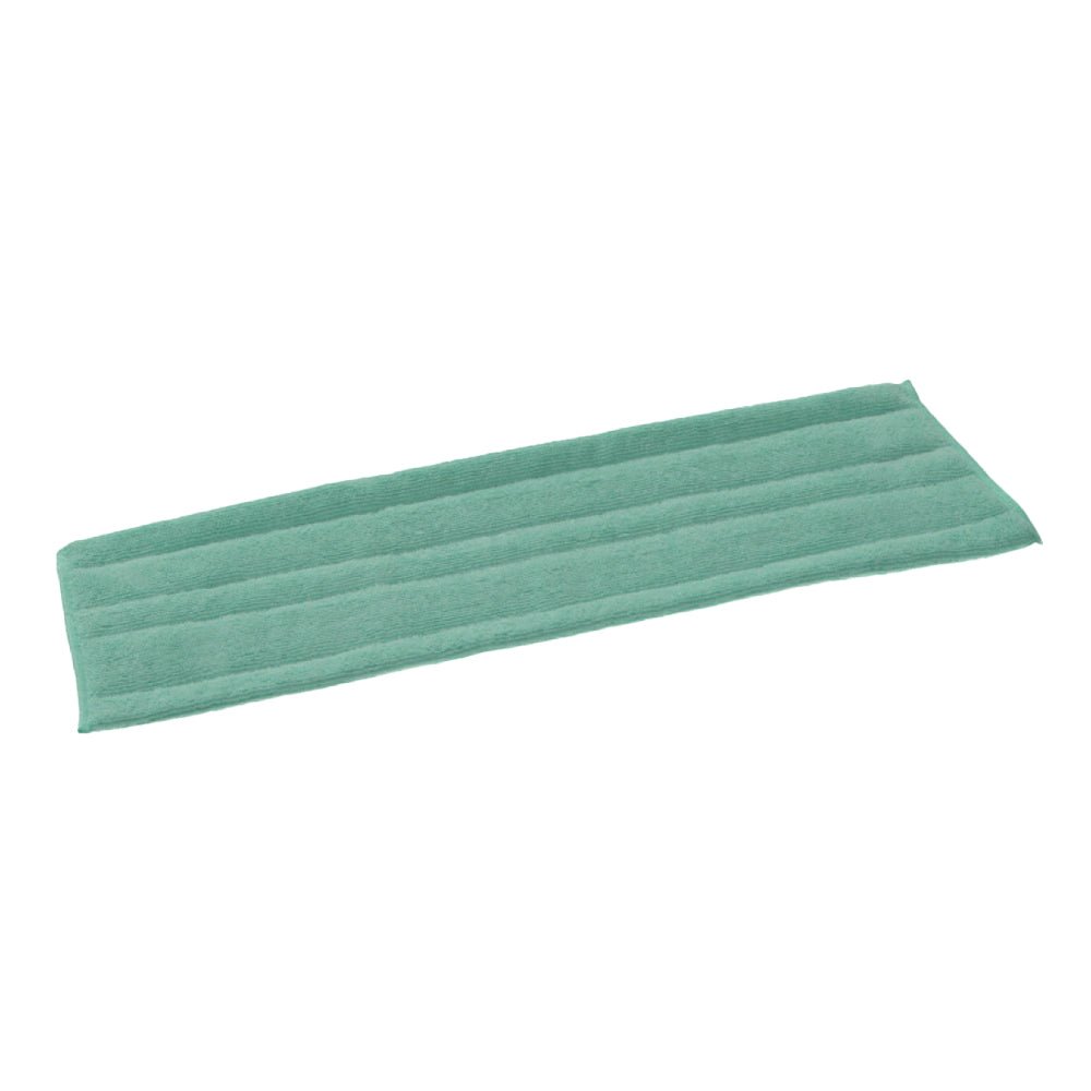 En rektangulär grön TASKI Jonmaster Standard Dry Mop kardborre-mikrofiberöverdrag från Diversey Deutschland GmbH & Co. OHG med horisontella sömmar och säker kardborreförslutning, avbildad platt på vit bakgrund.