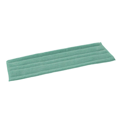 En rektangulär grön TASKI Jonmaster Standard Dry Mop kardborre-mikrofiberöverdrag från Diversey Deutschland GmbH & Co. OHG med horisontella sömmar och säker kardborreförslutning, avbildad platt på vit bakgrund.