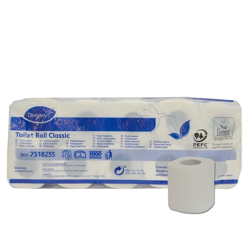10-pack "Toalettpapper Classic" från Diversey Deutschland, vitt 2-lagers cellulosapapper, 16,8m per rulle, 160 ark/rulle (Ø98mm), miljöcertifierad; Förpackning med produktinformation, eko-märkning och blå-vitt design.