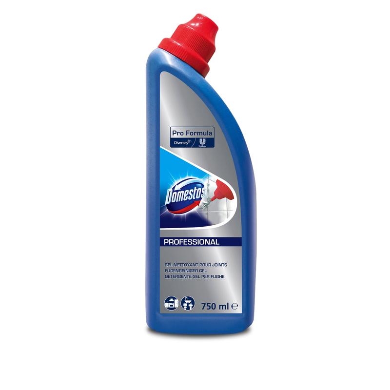Eine 750 ml Flasche DOMESTOS Professional Fugenreiniger und Schimmelentferner von Diversey Deutschland GmbH & Co. OHG ist eine blaue Flasche mit rotem Winkelverschluss, die für den professionellen Gebrauch bestimmt ist, mit Produktinformation und Branding auf dem Etikett.