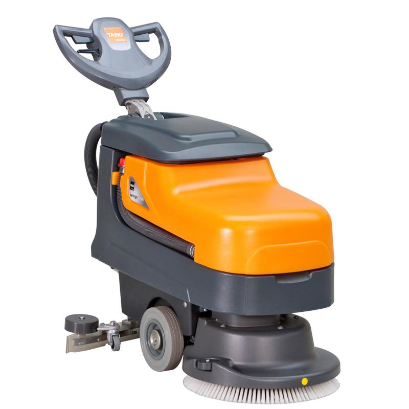 TASKI swingo 455 B BMS från Diversey är en kompakt, batteridriven skurmaskin för små och trånga ytor, inklusive integrerad laddare och 2x 12V-50Ah batterier - idealisk för flexibel rengöring.