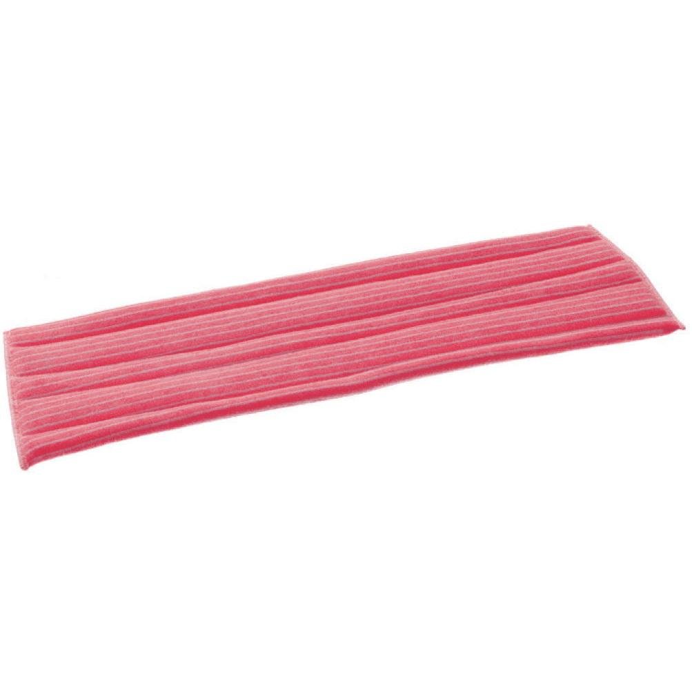 TASKI Standard Damp Mop 40 cm – röd, ett mikrofiberöverdrag med kardborrefäste från Diversey Deutschland, är perfekt för fuktstädning och fångar upp 99 % av bakterierna. På bilden ligger det rektangulärt och plant på en vit bakgrund.