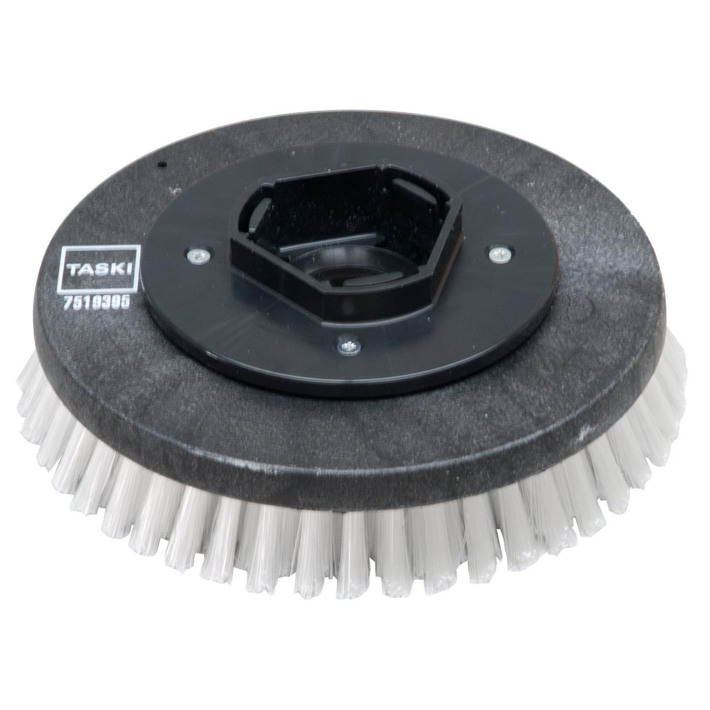 En rund svart skurborste i nylon (28 cm) från Diversey Deutschland GmbH & Co. OHG, med styva vita borst, passar till swingo 955/1255/2100/5000 för grundlig rengöring – standardskurborste, 1 styck per förpackning.