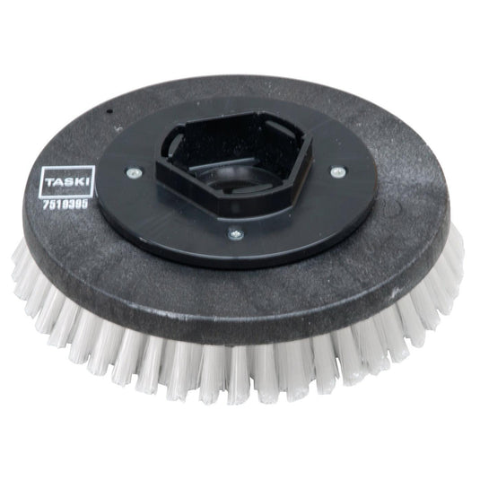 En rund svart skurborste i nylon (28 cm) från Diversey Deutschland GmbH & Co. OHG, med styva vita borst, passar till swingo 955/1255/2100/5000 för grundlig rengöring – standardskurborste, 1 styck per förpackning.