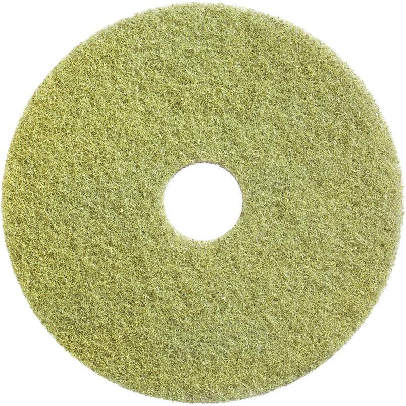 Diversey Twister Pad (gul) från Diversey Deutschland GmbH & Co. OHG är en rund, gulgrön skurpad med grov struktur och centralt hål, avbildad ovanifrån på vit grund. Den är lämplig för restaurering av stengolv.