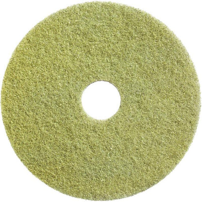 Diversey Twister Pad (gul) från Diversey Deutschland GmbH & Co. OHG är en rund, gulaktig-grön restaureringspad med hål och grov textur för rengöring och restaurering av stengolv, avbildad på vit bakgrund.