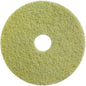 Das Diversey Twister Pad (gelb) von Diversey Deutschland GmbH & Co. OHG ist ein rundes, grün-gelbes Restaurierungs-Pad mit Struktur und Loch zur Reinigung und Restaurierung von Steinböden, abgebildet vor weißem Hintergrund.