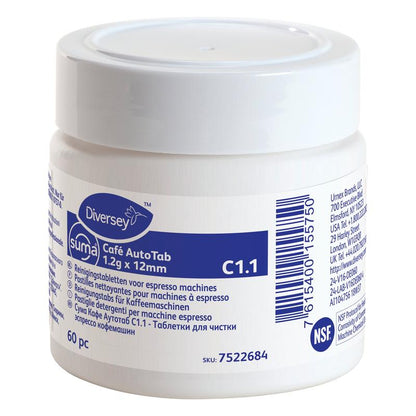 En vit plastbehållare från Diversey Deutschland GmbH & Co. OHG, med texten "Suma Café AutoTab rengöringstabletter för espressomaskiner 60 st.", tar bort kaffefetter och oljor och förlänger maskinens livslängd. Inklusive flerspråkig etikett.